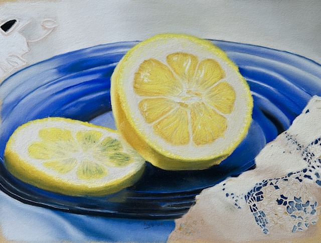 Soft Pastel Painting of Lemons on an antique blue plate that my Grandmother gave to me.